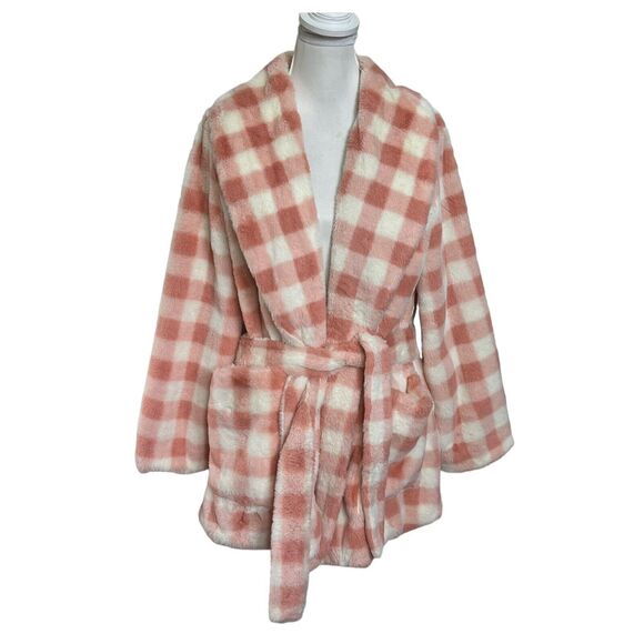 APPARIS Rare Gingham Check Teddy Coat with Tie Waist Pink Jacket Womens Size S/M - Picture 2 of 13